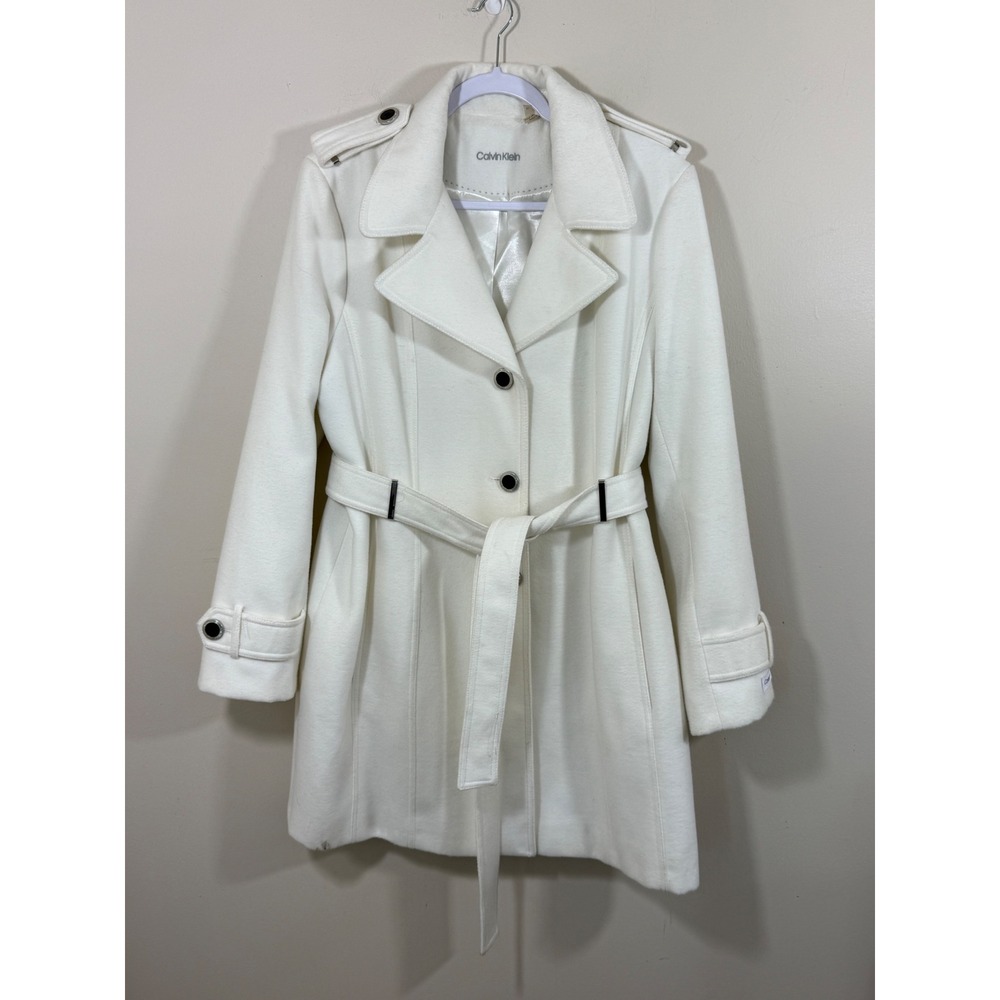 Calvin Klein Coat Women's XL White Belted Double Breasted Classic Quite Luxury